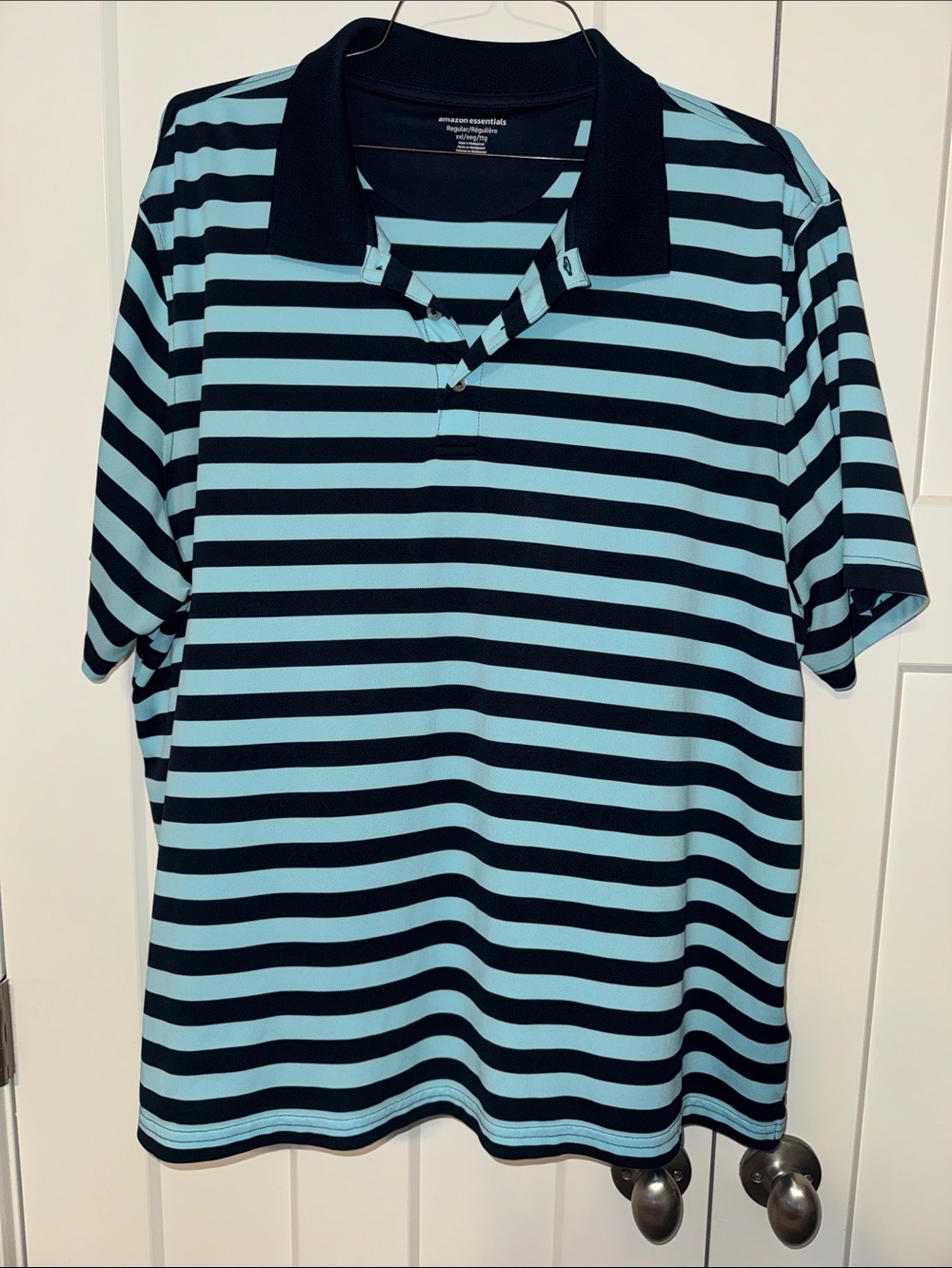Amazon Essentials Men’s Aqua and Black Striped Polo